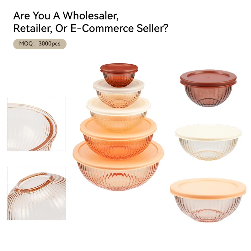 IKOO BPA-Free Meal Prep Stackable Space Saving Nesting Ribbed Glass Mixing Bowls
