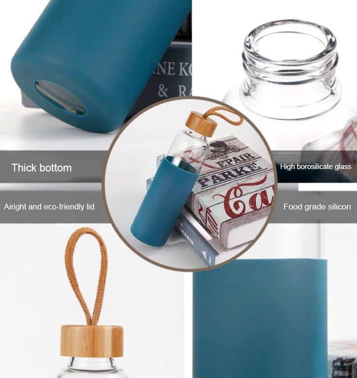 600ml BPA-Free Leak-Proof Borosilicate Glass Water Bottle with Bamboo Lid and Silicone Sleeve