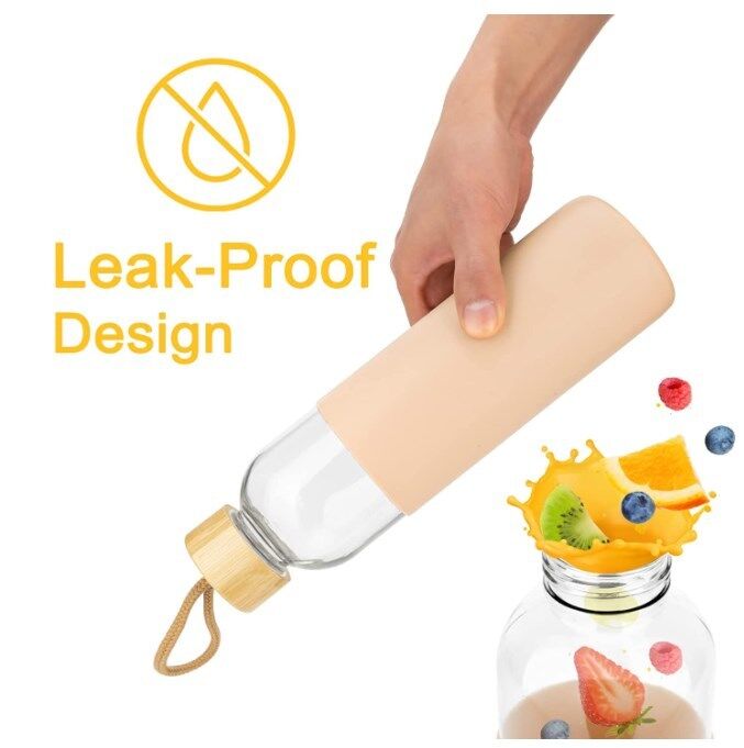 600ml BPA-Free Leak-Proof Borosilicate Glass Water Bottle with Bamboo Lid and Silicone Sleeve