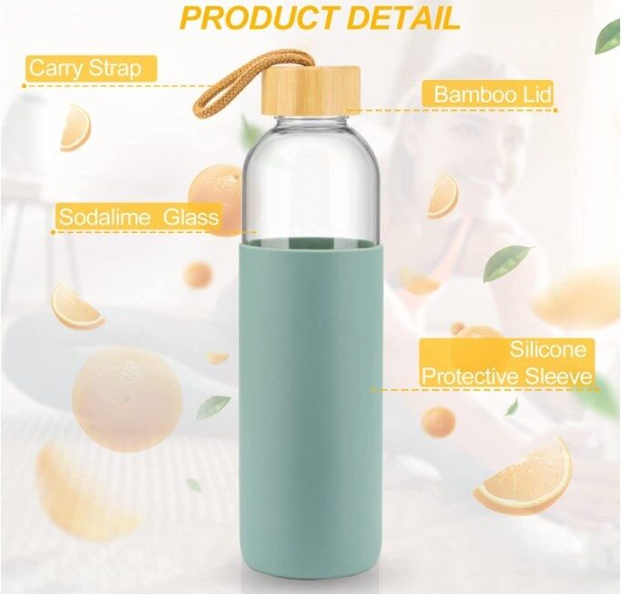 600ml BPA-Free Leak-Proof Borosilicate Glass Water Bottle with Bamboo Lid and Silicone Sleeve