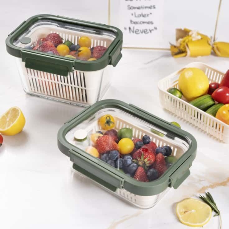 Airtight Borosilicate Glass Food Storage Container with Removable Colander and Microwave Safe Vented Lid