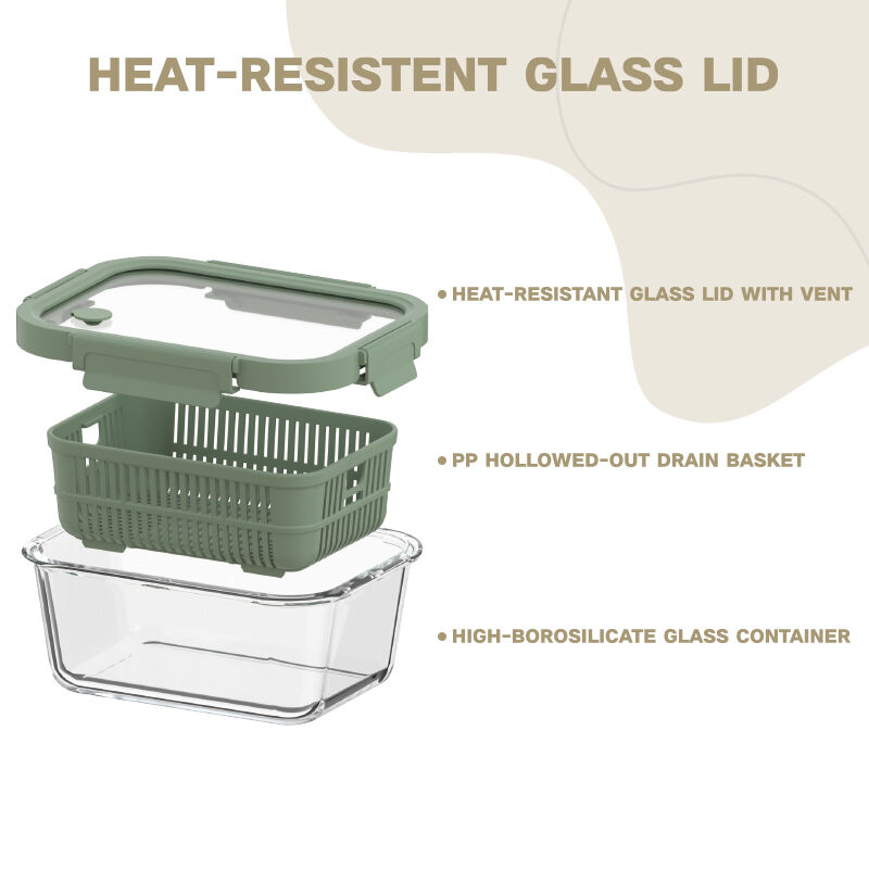 Airtight Borosilicate Glass Food Storage Container with Removable Colander and Microwave Safe Vented Lid