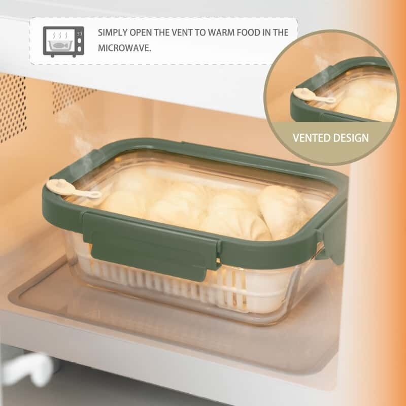 Airtight Borosilicate Glass Food Storage Container with Removable Colander and Microwave Safe Vented Lid