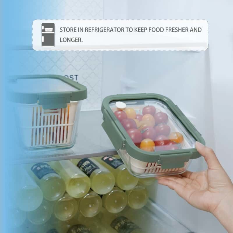 Airtight Borosilicate Glass Food Storage Container with Removable Colander and Microwave Safe Vented Lid