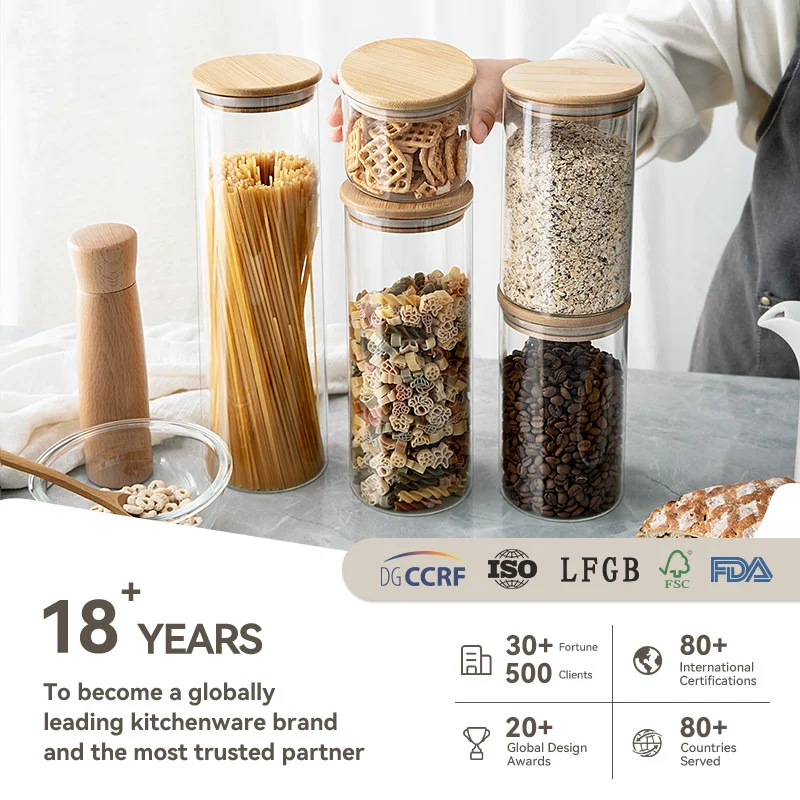 High Borosilicate Glass Canister with Bamboo Lid Airtight Glass Food Storage Jar