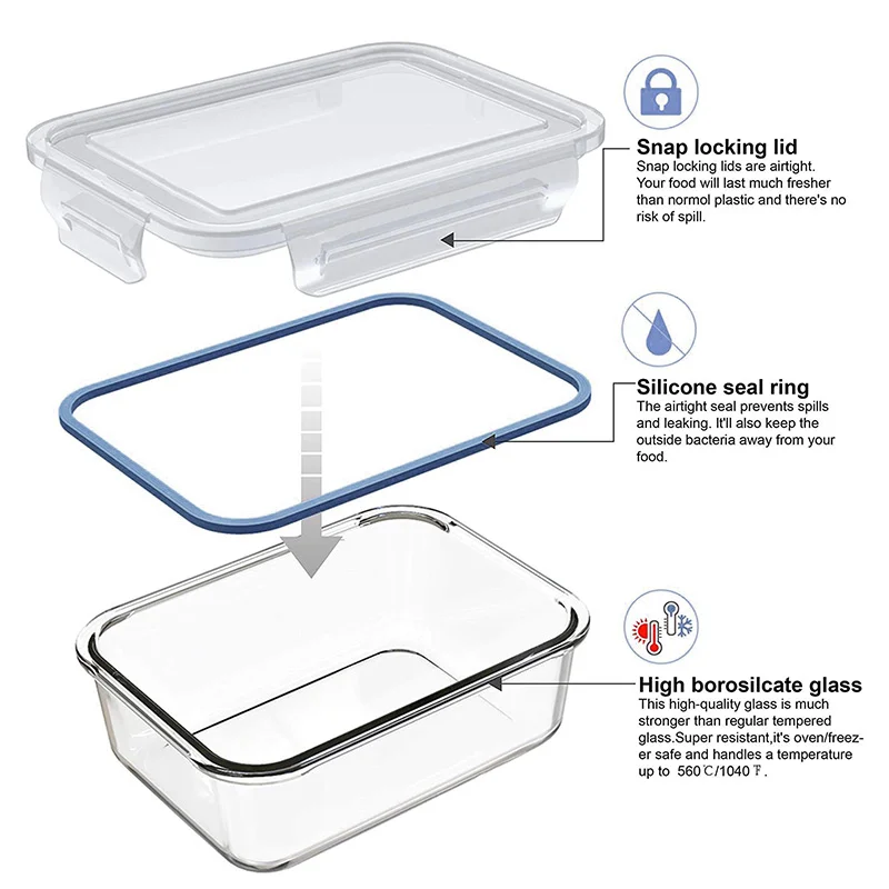 Microwave and Oven Use Borosilicate Glass Food Storage Containers with Lids