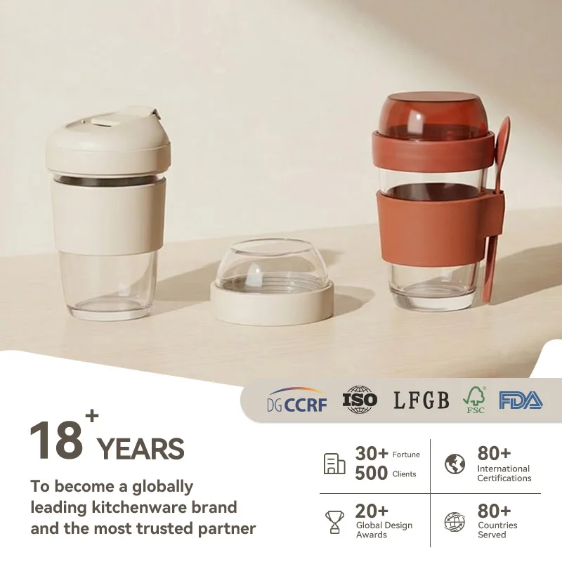 IKOO Reusable BPA-Free Yogurt Cup 320ml 480ml Leakproof Glass Container