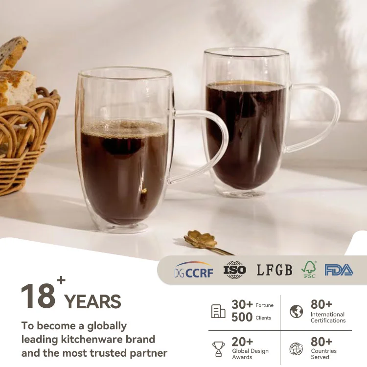 IKOO Double Wall Glass Coffee Mug with Insulation Oven and Freezer Safe