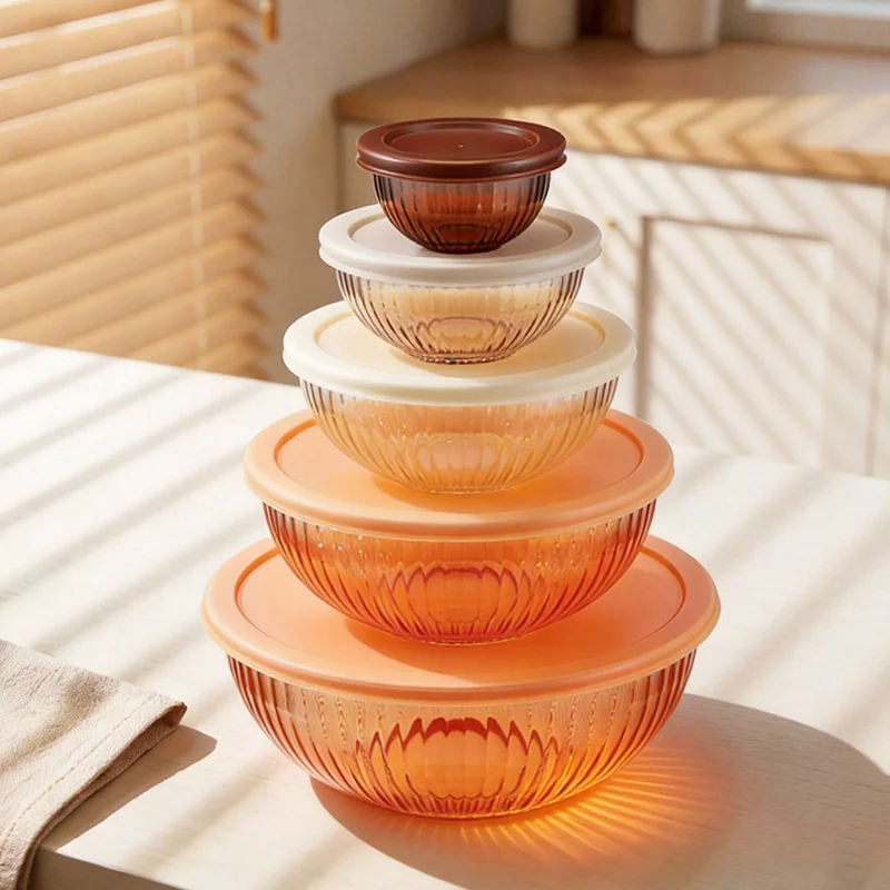 IKOO Sculpted Glass Mixing Bowls Set With Lids For Prepping, Baking and Cooking