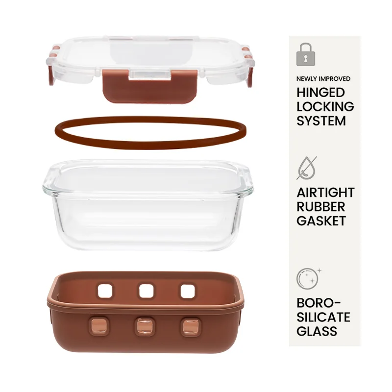 Innovative ODM/OEM Glass Food Storage Container with Silicone Sleeve and Airtight BPA-Free Plastic Lids
