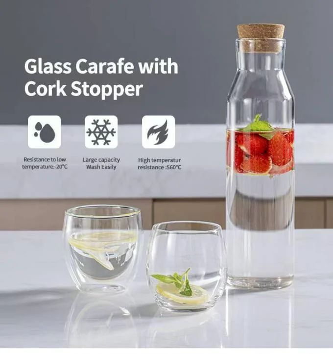 High Borosilicate Glass Carafe with Cork Stopper – Dishwasher Safe Beverage Pitcher for Wine, Coffee, and Juice 0