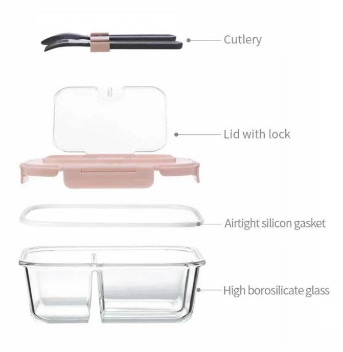 IKOO ODM 3 Compartment Glass Bento Box with Utensils