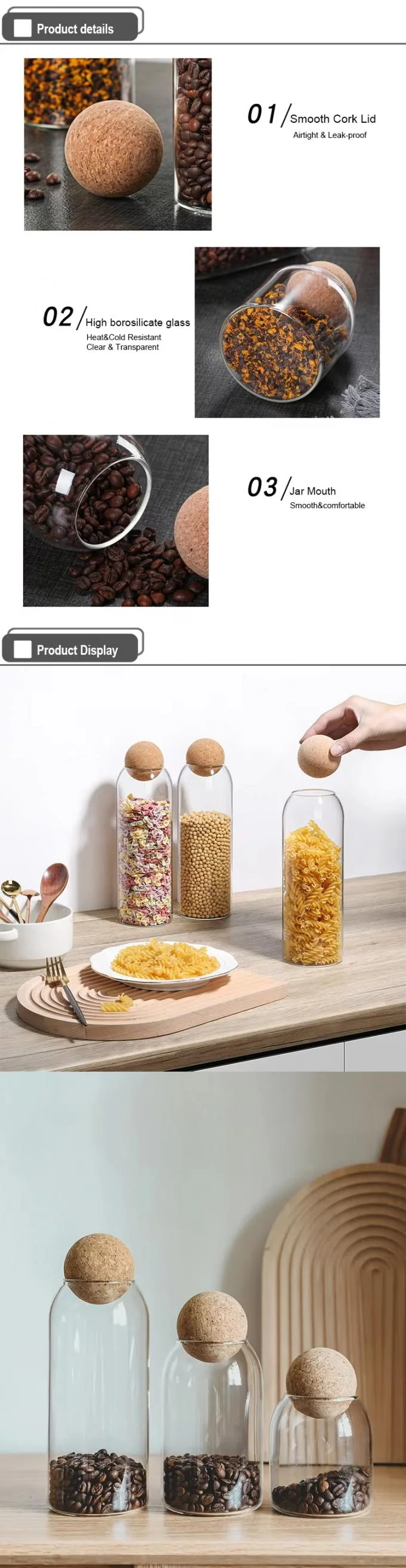 High Borosilicate Glass Storage Jar with Cork Lid in 550ml 750ml 1200ml Sizes for Eco-Friendly Food Storage 1