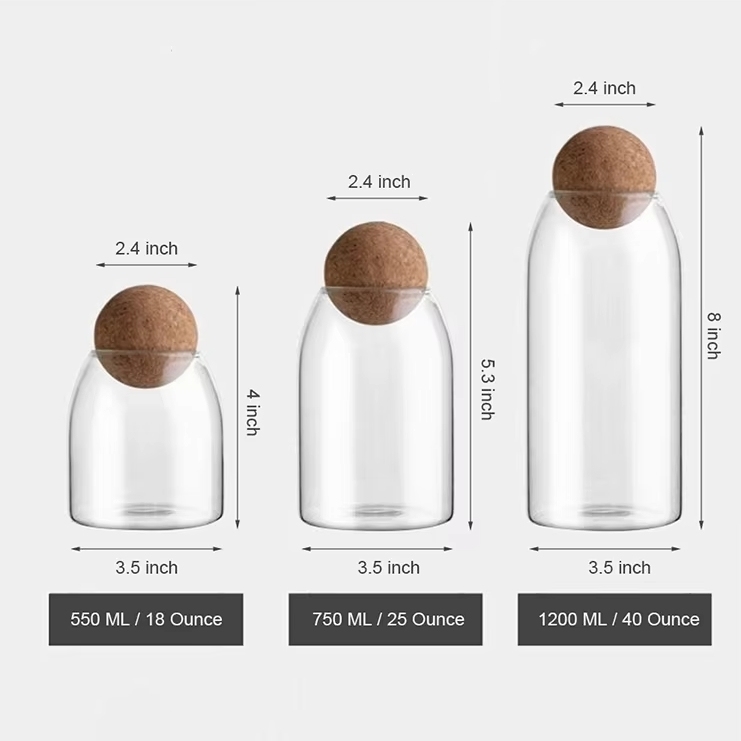 High Borosilicate Glass Storage Jar with Cork Lid in 550ml 750ml 1200ml Sizes for Eco-Friendly Food Storage