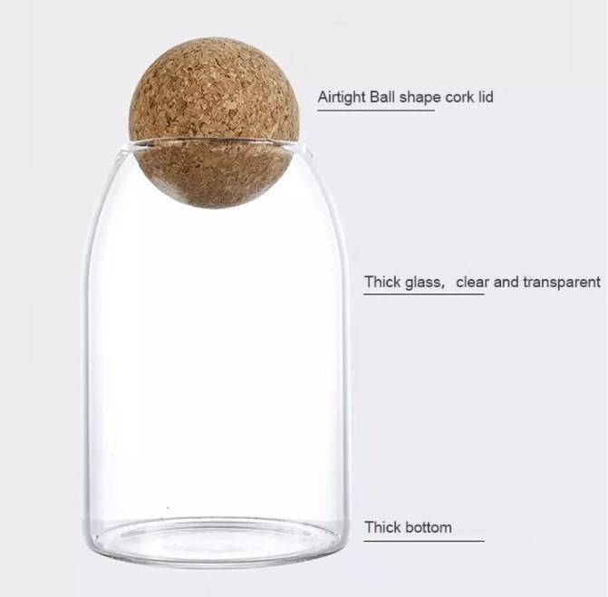 High Borosilicate Glass Storage Jar with Cork Lid in 550ml 750ml 1200ml Sizes for Eco-Friendly Food Storage