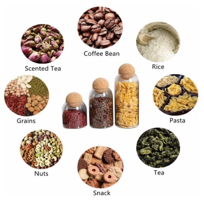 High Borosilicate Glass Storage Jar with Cork Lid in 550ml 750ml 1200ml Sizes for Eco-Friendly Food Storage