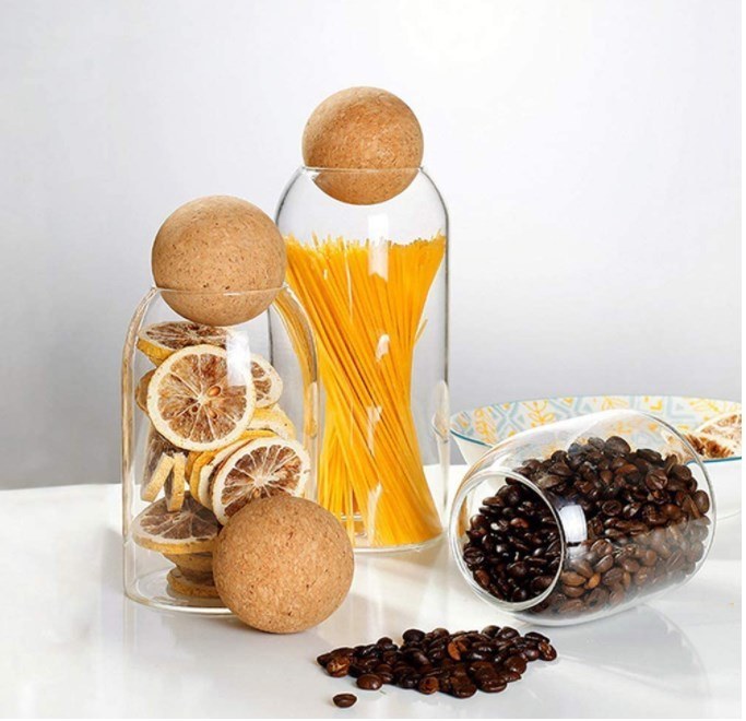 High Borosilicate Glass Storage Jar with Cork Lid in 550ml 750ml 1200ml Sizes for Eco-Friendly Food Storage