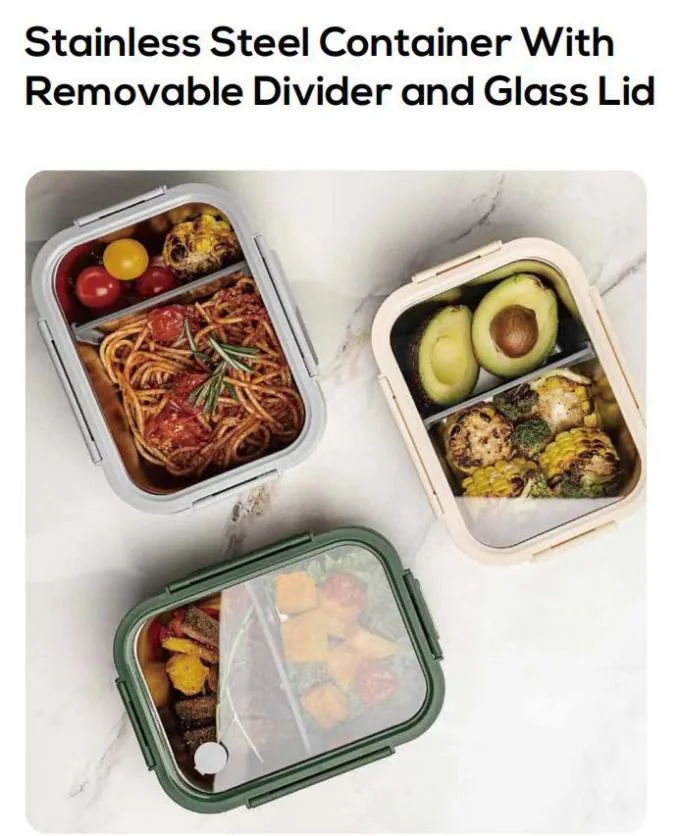 IKOO 1200ml Stainless Steel Food Container with Glass Lid and Divider 0