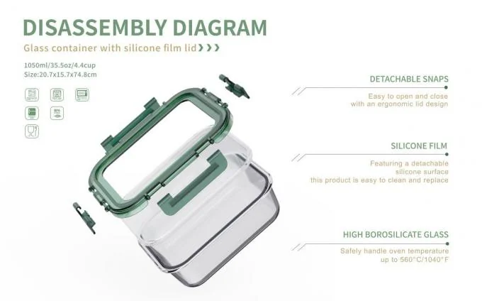 IKOO 1800ml Rectangular Glass Food Container with Detachable Silicone Lid 0