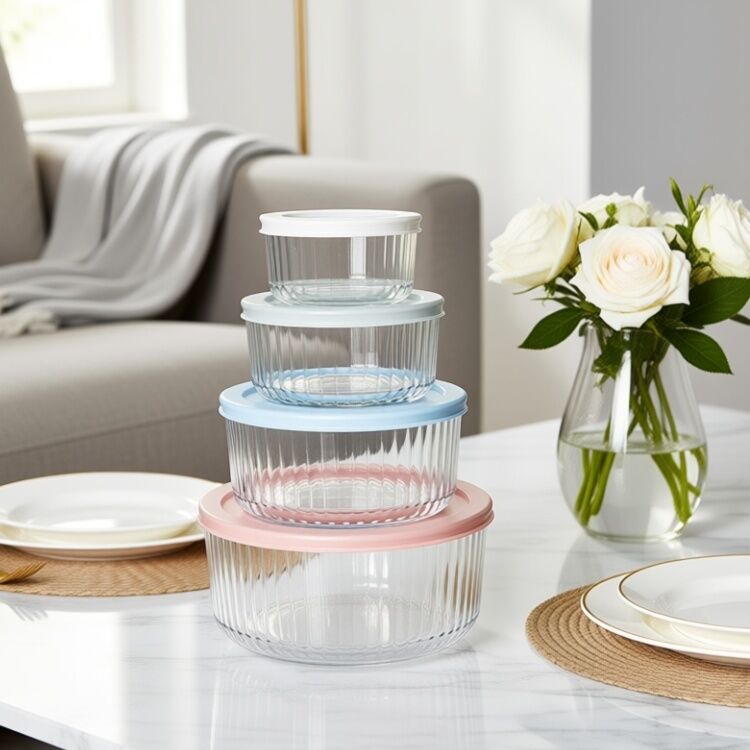 IKOO 236ml 472ml 944ml Ribbed Round Glass Food Container with PE Lid Microwave Oven Freezer Safe