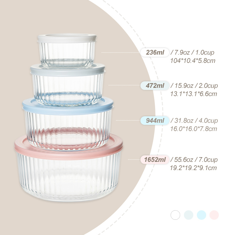 IKOO 236ml 472ml 944ml Ribbed Round Glass Food Container with PE Lid Microwave Oven Freezer Safe