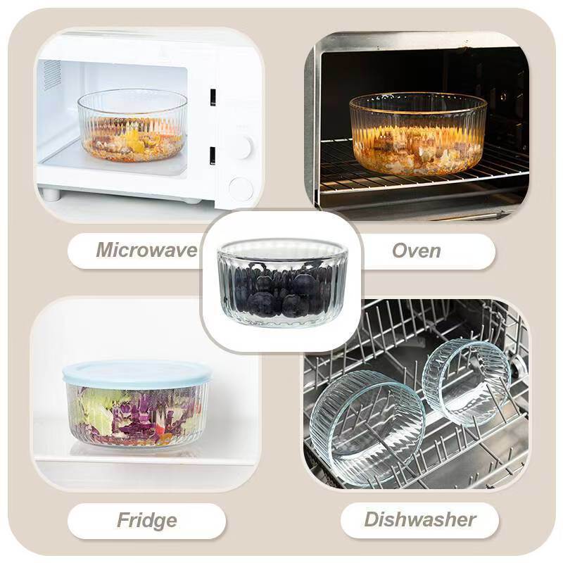 IKOO 236ml 472ml 944ml Ribbed Round Glass Food Container with PE Lid Microwave Oven Freezer Safe