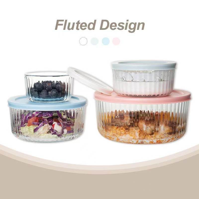 IKOO 236ml 472ml 944ml Ribbed Round Glass Food Container with PE Lid Microwave Oven Freezer Safe