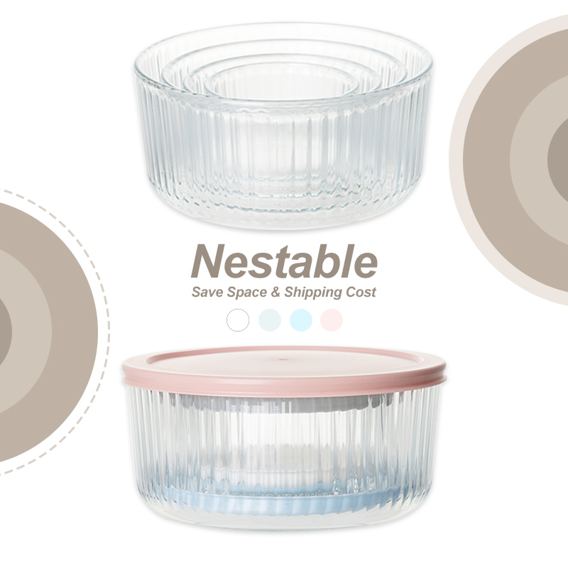 IKOO 236ml 472ml 944ml Ribbed Round Glass Food Container with PE Lid Microwave Oven Freezer Safe
