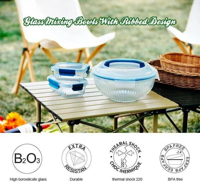 IKOO 3500ml Striped High Borosilicate Glass Mixing Bowl with PP Lid 0