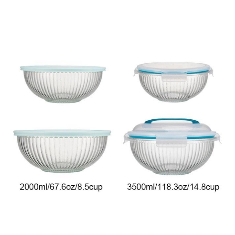 IKOO 3500ml Striped High Borosilicate Glass Mixing Bowl with PP Lid