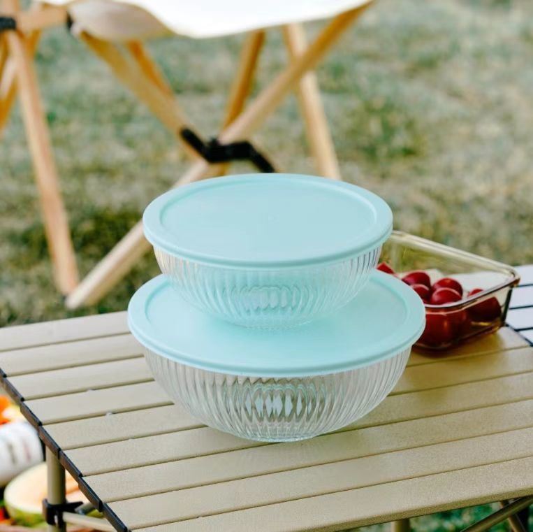 IKOO 3500ml Striped High Borosilicate Glass Mixing Bowl with PP Lid