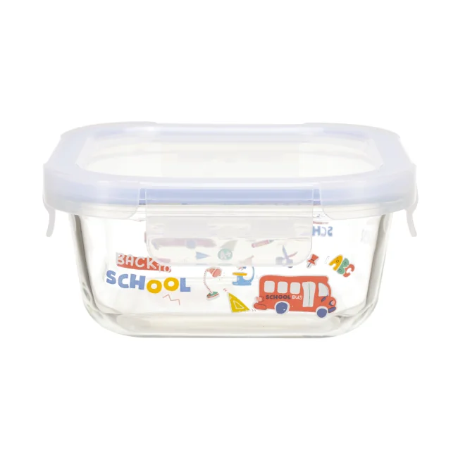 IKOO 4-Lock Custom Glass Food Container with Back to School Design and Oven Safe High Borosilicate Glass 1