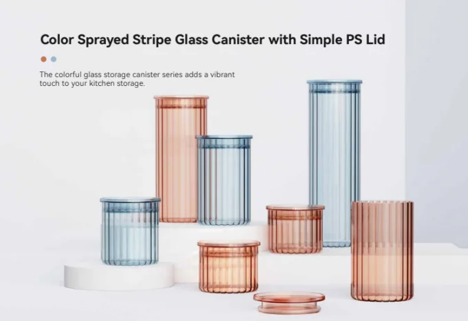 IKOO 500ml 1000ml 1500ml Color Sprayed Stripe Glass Canister with Food-Grade PS Plastic Lid 0