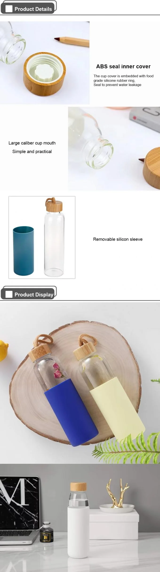 IKOO 600ml Borosilicate Glass Water Bottle with Bamboo Lid and Protective Silicone Sleeve 1