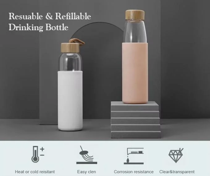 IKOO 600ml Borosilicate Glass Water Bottle with Bamboo Lid and Protective Silicone Sleeve 0