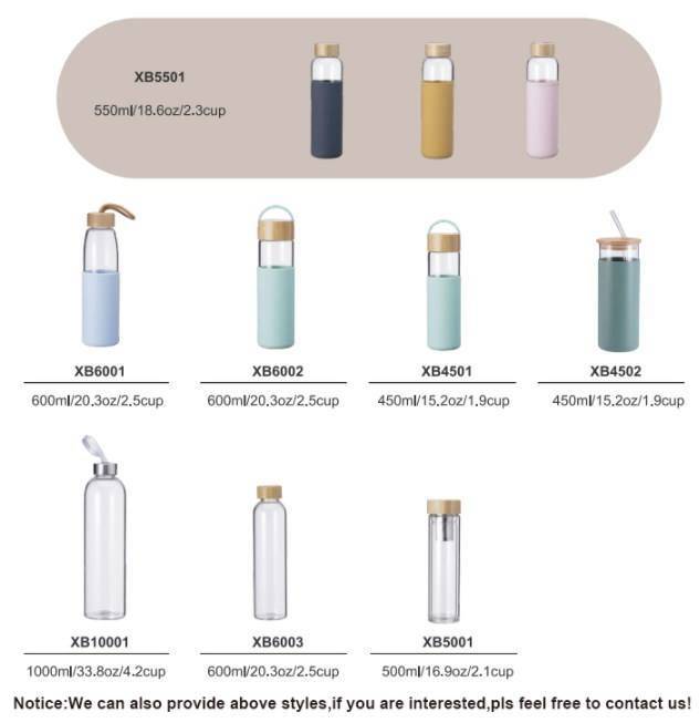 IKOO 600ml Borosilicate Glass Water Bottle with Bamboo Lid and Protective Silicone Sleeve