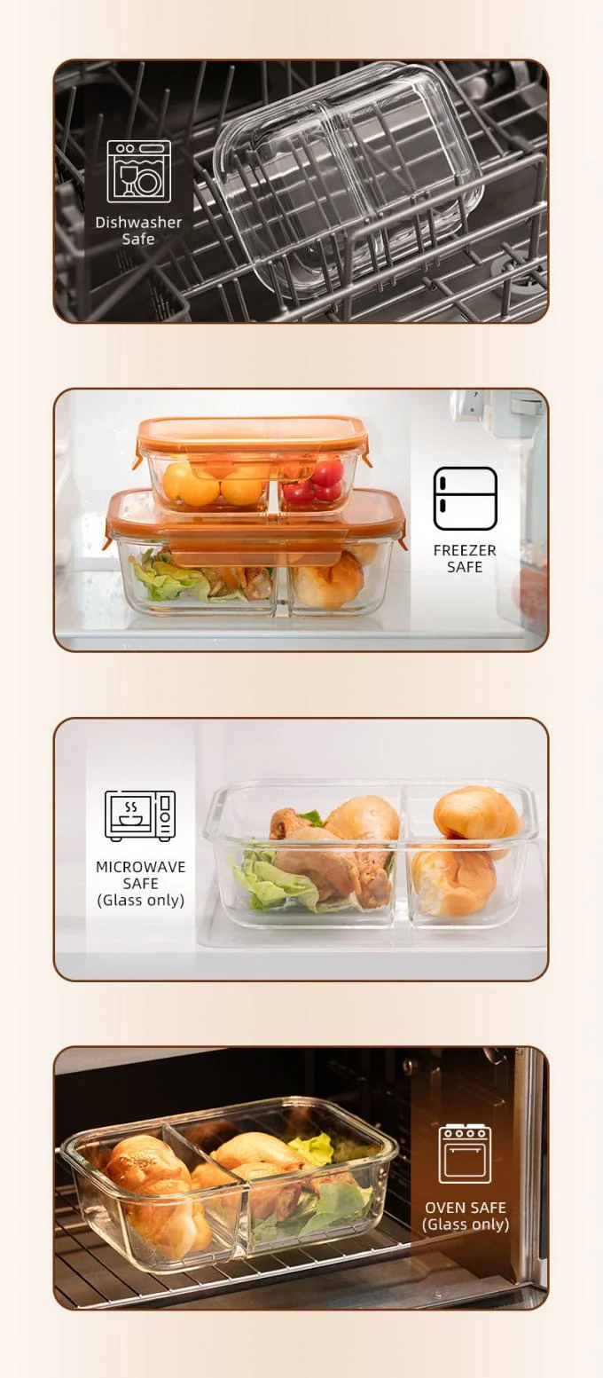 IKOO Amber Color Divided Glass Container with 4 Lock PP Lid and High Borosilicate Glass for 580ml-980ml Food Storage 1