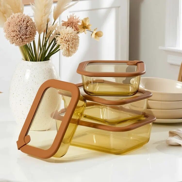 IKOO Plastic Free  Amber Glass Food Storage Container with Vented Glass Lid