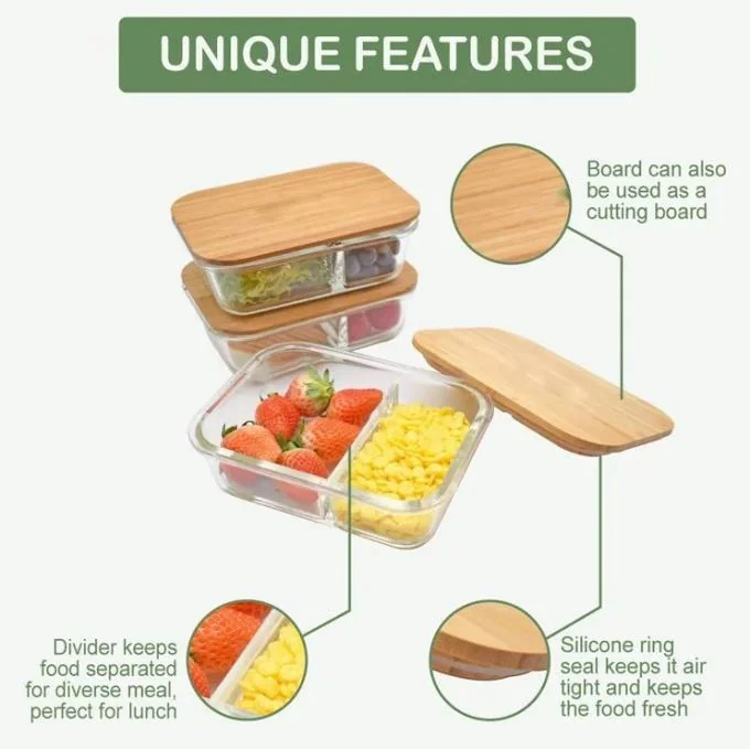 IKOO Bamboo Lid Divided Glass Container – Borosilicate Microwave Safe 1