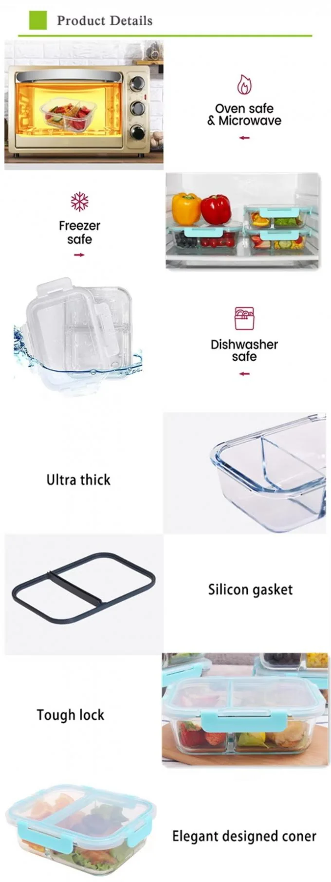 IKOO Divided Glass Food Container with Cool Lock PP Lid 1