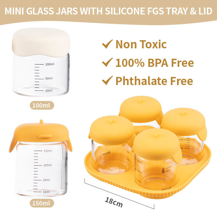 IKOO Glass Baby Food Containers with Silicone Lids and Tray