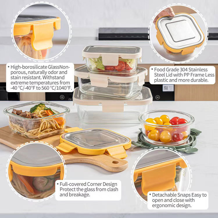 IKOO Glass Food Container with 4-Lock Stainless Steel Lid