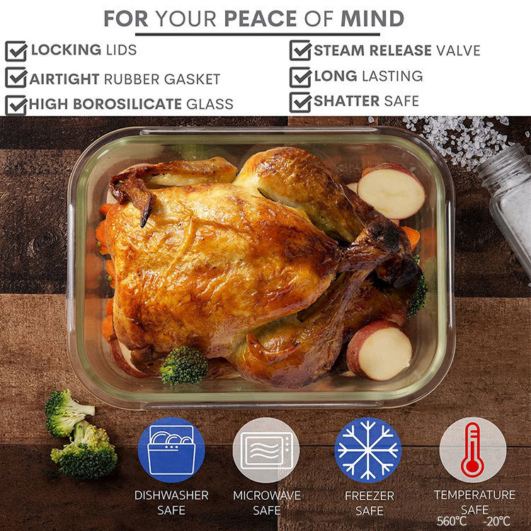 IKOO Glass Food Container with 4-Lock Stainless Steel Lid