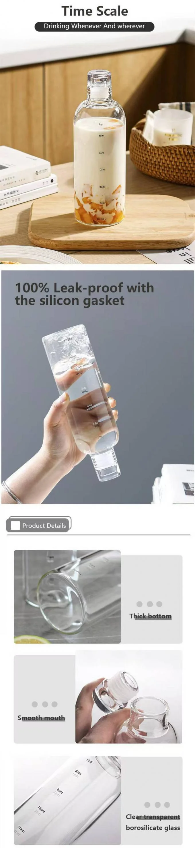 IKOO High Borosilicate Glass Water Bottle with Leak-proof Airtight Lid and Time Marker Reminder – Dishwasher Safe 1