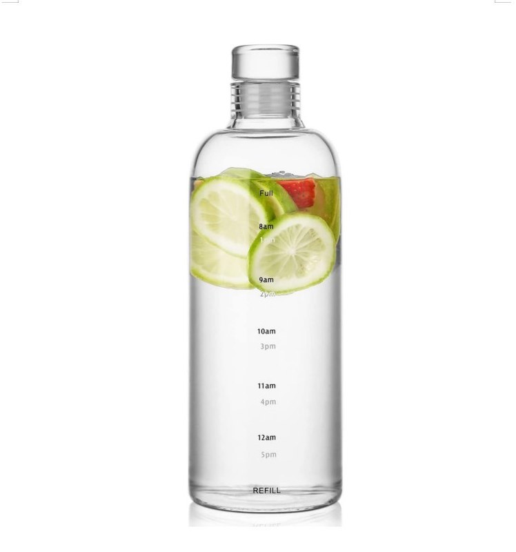 IKOO Borosilicate Glass Water Bottle with Leak-proof Airtight Lid and Time Marker Reminder
