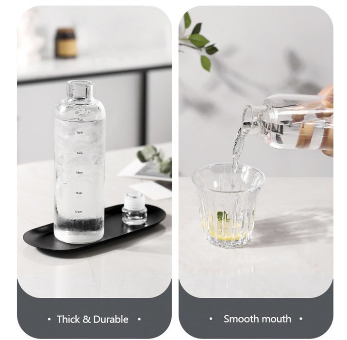 IKOO Borosilicate Glass Water Bottle with Leak-proof Airtight Lid and Time Marker Reminder