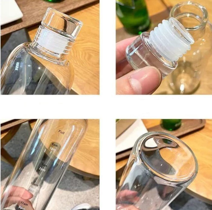 IKOO Borosilicate Glass Water Bottle with Leak-proof Airtight Lid and Time Marker Reminder
