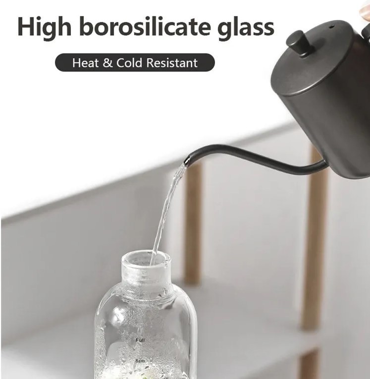 IKOO Borosilicate Glass Water Bottle with Leak-proof Airtight Lid and Time Marker Reminder