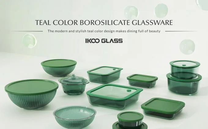 IKOO Modern and Stylish Teal Color Glass Container Made of High Borosilicate Glass Oven Safe and Microwave Safe 0