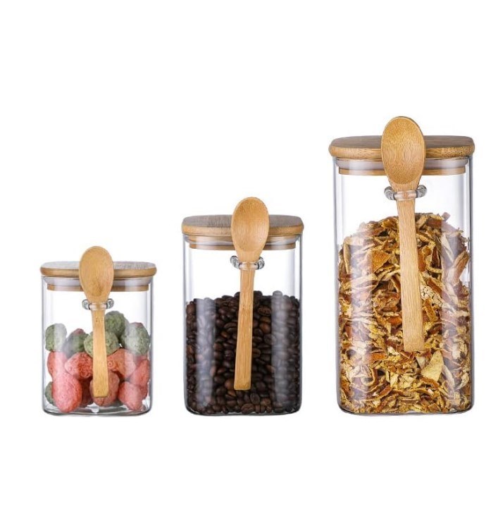 IKOO Multifunction Modern Kitchen Glass Canister with Bamboo Lid and Spoon